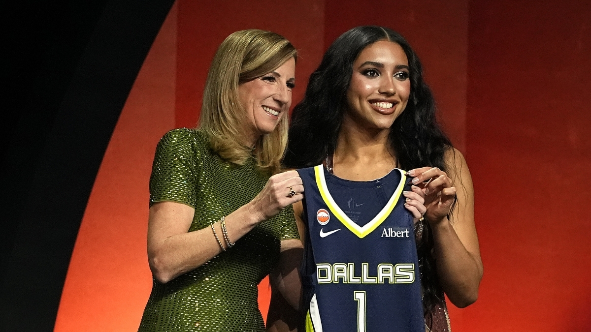 Azzi Fudd of UConn poses with WNBA Commissioner Cathy Engelbert after being selected No. 1 overall by the Dallas Wings during the 2026 WNBA Draft in New York City.
