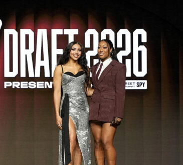 Azzi Fudd of UConn and Cotie McMahon of Ole Miss pose together on the orange carpet prior to the 2026 WNBA Draft in New York City.