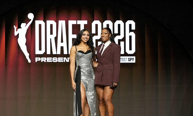 Azzi Fudd of UConn and Cotie McMahon of Ole Miss pose together on the orange carpet prior to the 2026 WNBA Draft in New York City.