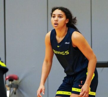 Dallas Wings guard Azzi Fudd participates in drills during the team's first training camp practice at College Park Center in Arlington.