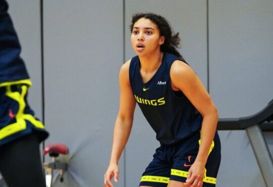 Dallas Wings guard Azzi Fudd participates in drills during the team's first training camp practice at College Park Center in Arlington.