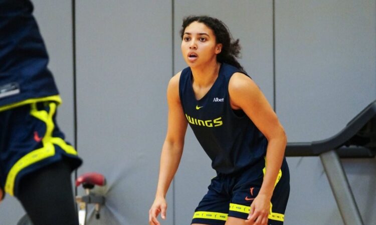 Dallas Wings guard Azzi Fudd participates in drills during the team's first training camp practice at College Park Center in Arlington.