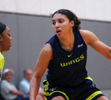 Dallas Wings rookie guard Azzi Fudd dribbles the ball while being defended by veteran guard Odyssey Sims during a 2026 training camp practice.
