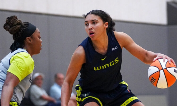 Dallas Wings rookie guard Azzi Fudd dribbles the ball while being defended by veteran guard Odyssey Sims during a 2026 training camp practice.