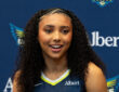 Dallas Wings No. 1 overall pick Azzi Fudd poses in her home jersey during the 2026 WNBA Media Day at College Park Center.