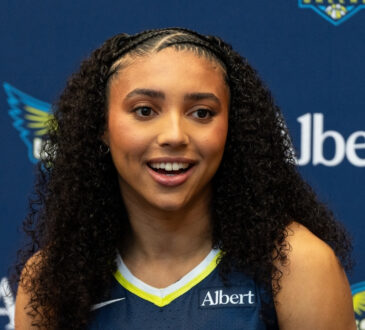 Dallas Wings No. 1 overall pick Azzi Fudd poses in her home jersey during the 2026 WNBA Media Day at College Park Center.