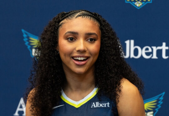 Dallas Wings No. 1 overall pick Azzi Fudd poses in her home jersey during the 2026 WNBA Media Day at College Park Center.
