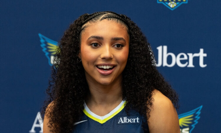 Dallas Wings No. 1 overall pick Azzi Fudd poses in her home jersey during the 2026 WNBA Media Day at College Park Center.