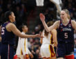 UConn guards Azzi Fudd and Paige Bueckers react during the second half of their Elite Eight victory over the USC Trojans in Spokane.