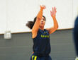 Dallas Wings guard Azzi Fudd shoots a jumper during a team drill at the opening day of training camp in Arlington.