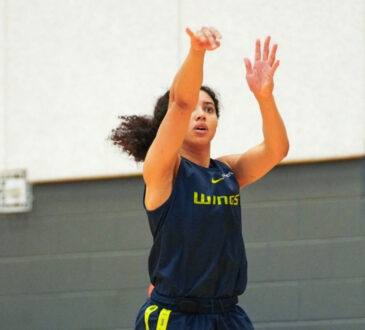 Dallas Wings guard Azzi Fudd shoots a jumper during a team drill at the opening day of training camp in Arlington.