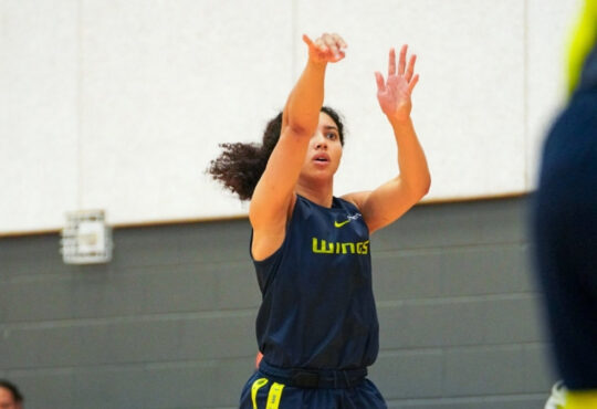 Dallas Wings guard Azzi Fudd shoots a jumper during a team drill at the opening day of training camp in Arlington.