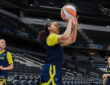 Dallas Wings rookie Azzi Fudd getting shots up during gameday shootaround at Gainbridge Fieldhouse.