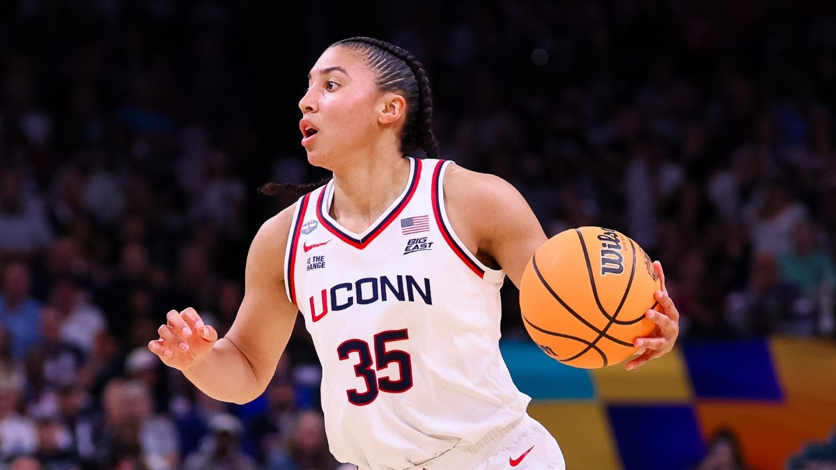 Azzi Fudd #35 of the UConn Huskies dribbles the ball during the NCAA Women's Final Four semifinal against South Carolina in Phoenix.