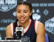 Azzi Fudd #35 of the UConn Huskies speaks at a press conference during the 2026 NCAA Women's Final Four in Phoenix.