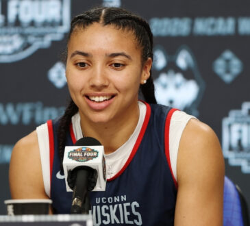 Azzi Fudd #35 of the UConn Huskies speaks at a press conference during the 2026 NCAA Women's Final Four in Phoenix.