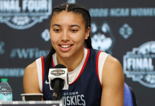 Azzi Fudd #35 of the UConn Huskies speaks at a press conference during the 2026 NCAA Women's Final Four in Phoenix.