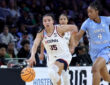 Azzi Fudd #35 of the UConn Huskies dribbles against Laila Hull of North Carolina during the NCAA Sweet Sixteen at Dickies Arena in Fort Worth.