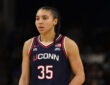 Azzi Fudd #35 of the UConn Huskies looks on during a Big East matchup against the DePaul Blue Demons in Chicago.