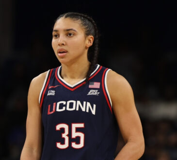 Azzi Fudd #35 of the UConn Huskies looks on during a Big East matchup against the DePaul Blue Demons in Chicago.