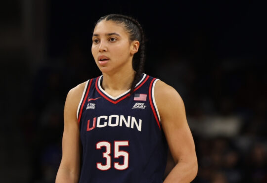 Azzi Fudd #35 of the UConn Huskies looks on during a Big East matchup against the DePaul Blue Demons in Chicago.