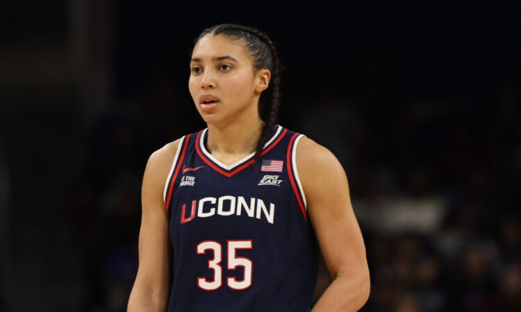 Azzi Fudd #35 of the UConn Huskies looks on during a Big East matchup against the DePaul Blue Demons in Chicago.