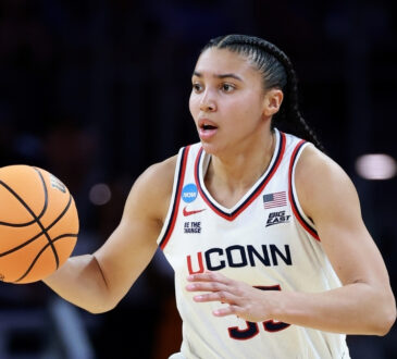 Azzi Fudd #35 of the UConn Huskies dribbles the ball against the North Carolina Tar Heels during the Sweet Sixteen at Dickies Arena in Fort Worth.