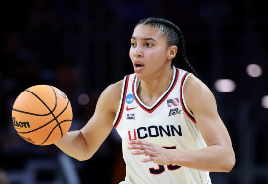 Azzi Fudd #35 of the UConn Huskies dribbles the ball against the North Carolina Tar Heels during the Sweet Sixteen at Dickies Arena in Fort Worth.
