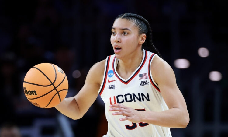 Azzi Fudd #35 of the UConn Huskies dribbles the ball against the North Carolina Tar Heels during the Sweet Sixteen at Dickies Arena in Fort Worth.