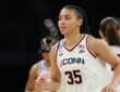 Azzi Fudd #35 of the UConn Huskies runs the floor during the Elite Eight game against Notre Dame at Dickies Arena in Fort Worth.