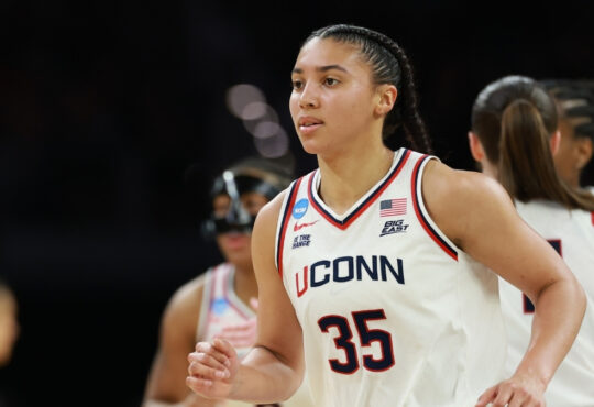 Azzi Fudd #35 of the UConn Huskies runs the floor during the Elite Eight game against Notre Dame at Dickies Arena in Fort Worth.