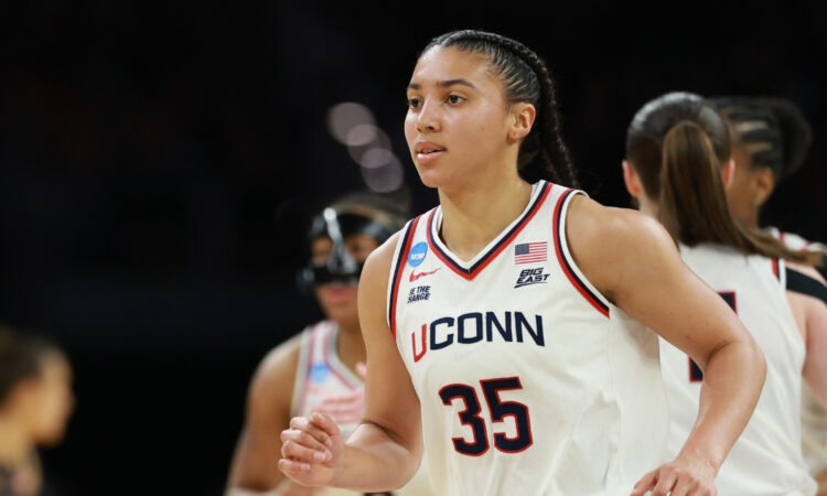 Azzi Fudd #35 of the UConn Huskies runs the floor during the Elite Eight game against Notre Dame at Dickies Arena in Fort Worth.