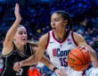 Azzi Fudd #35 of the UConn Huskies drives to the basket against Orlagh Gormley #3 of the Providence Friars during a game in Storrs.