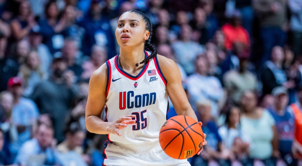 Azzi Fudd #35 of the UConn Huskies in action against the Villanova Wildcats during the Big East Tournament championship at Mohegan Sun.
