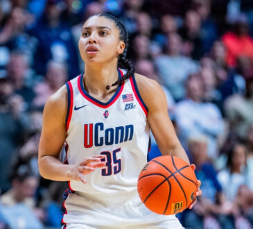 Azzi Fudd #35 of the UConn Huskies in action against the Villanova Wildcats during the Big East Tournament championship at Mohegan Sun.