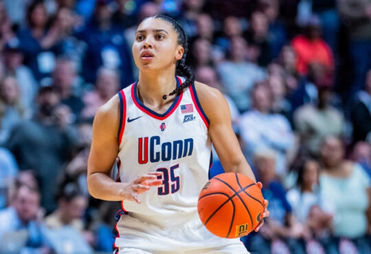 Azzi Fudd #35 of the UConn Huskies in action against the Villanova Wildcats during the Big East Tournament championship at Mohegan Sun.
