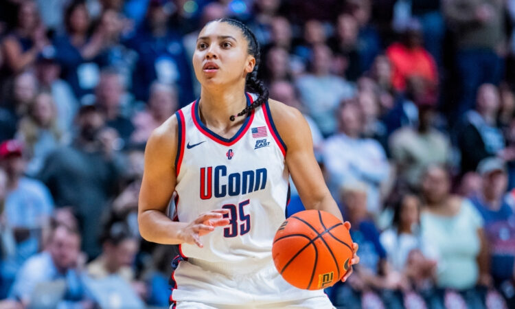 Azzi Fudd #35 of the UConn Huskies in action against the Villanova Wildcats during the Big East Tournament championship at Mohegan Sun.
