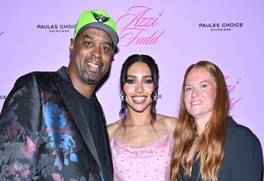 Azzi Fudd posing with her parents, Tim Fudd and Katie Smrcka-Duffy Fudd, at her 2026 WNBA Draft after-party in New York City.