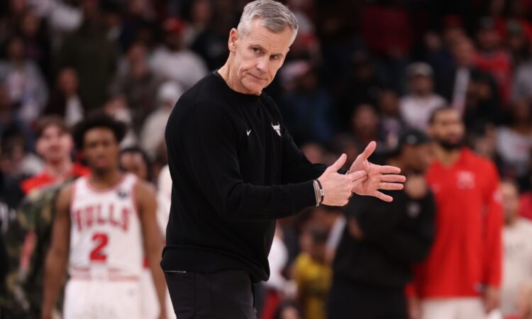Chicago Bulls head coach Billy Donovan calling a timeout during a game against the Houston Rockets at the United Center on March 23, 2026.