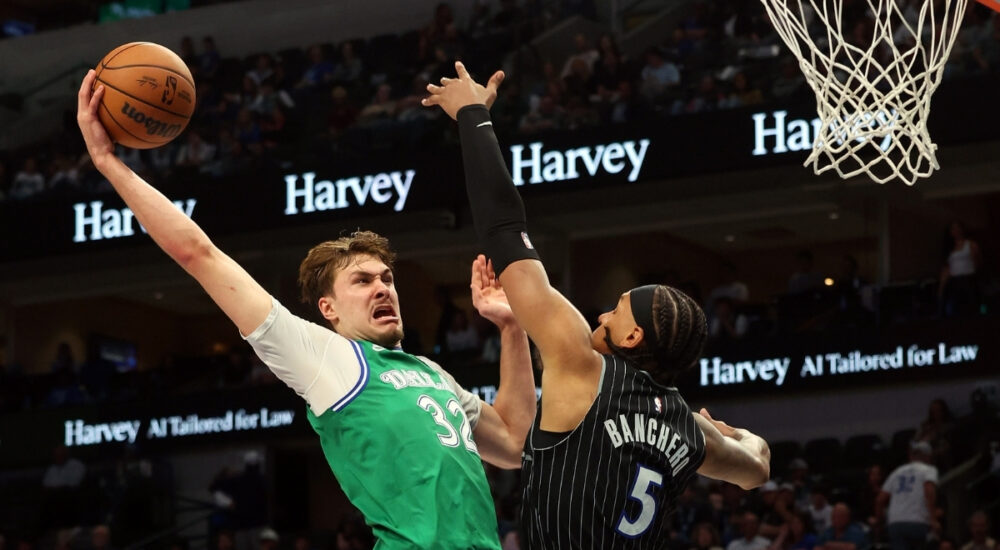 Cooper Flagg dunking on Paolo Banchero Dallas Mavericks vs Orlando Magic April 3 2026 American Airlines Center