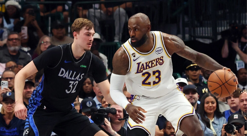 Cooper Flagg #32 of the Dallas Mavericks plays tight defense on LeBron James #23 of the Los Angeles Lakers during their April 5, 2026, game at American Airlines Center.