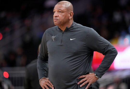 Milwaukee Bucks head coach Doc Rivers looks on during a game against the Memphis Grizzlies at Fiserv Forum on April 05, 2026.
