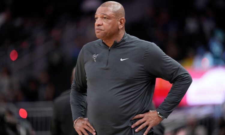 Milwaukee Bucks head coach Doc Rivers looks on during a game against the Memphis Grizzlies at Fiserv Forum on April 05, 2026.