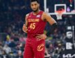 Donovan Mitchell #45 of the Cleveland Cavaliers reacts during a 117-108 victory over the Indiana Pacers at Rocket Mortgage FieldHouse on April 05, 2026.