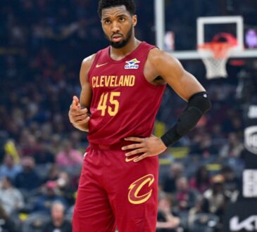 Donovan Mitchell #45 of the Cleveland Cavaliers reacts during a 117-108 victory over the Indiana Pacers at Rocket Mortgage FieldHouse on April 05, 2026.