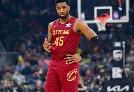 Donovan Mitchell #45 of the Cleveland Cavaliers reacts during a 117-108 victory over the Indiana Pacers at Rocket Mortgage FieldHouse on April 05, 2026.