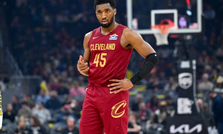 Donovan Mitchell #45 of the Cleveland Cavaliers reacts during a 117-108 victory over the Indiana Pacers at Rocket Mortgage FieldHouse on April 05, 2026.