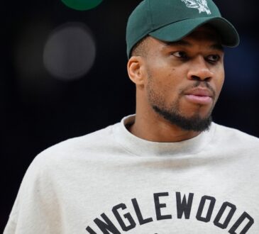 Giannis Antetokounmpo #34 of the Milwaukee Bucks looks on during a game against the Boston Celtics at Fiserv Forum on April 03, 2026.