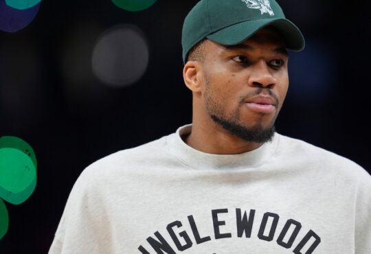 Giannis Antetokounmpo #34 of the Milwaukee Bucks looks on during a game against the Boston Celtics at Fiserv Forum on April 03, 2026.