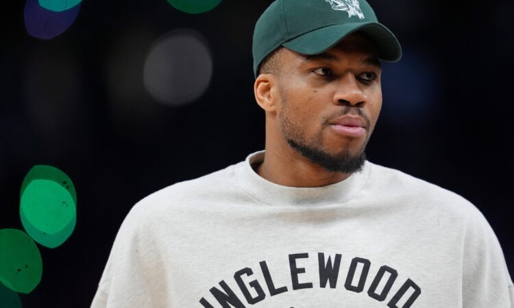 Giannis Antetokounmpo #34 of the Milwaukee Bucks looks on during a game against the Boston Celtics at Fiserv Forum on April 03, 2026.